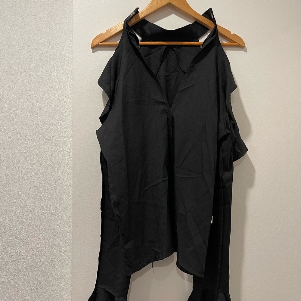 Black Ruffle Cold Shoulder Top - Picture 4 of 5